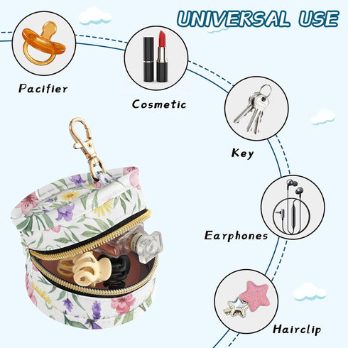 PYBUG Flowers Round Pacifier Storage Case, Polyester & TPU Lined with Hook Buckle, Pacifier Container Box for Baby