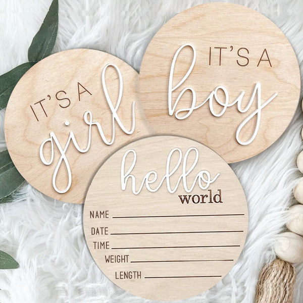 Spelable 3ps Its a Boy Its a Girl Wooden Sign & Hello World