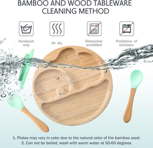 Suction Plates for Baby & Toddler, Bamboo Divided Platter with Silicone Fork & Spoon, Non-Slip Design for Weaning