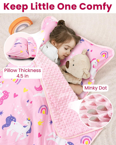 55"x36" Toddler Nap Mat with Pillow and Minky Blanket, Large Sleeping Bag, Washable, Lightweight, Easy to Roll, Perfect