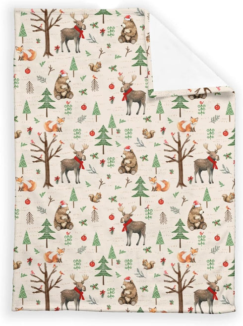 SqtmuHLuo 60x80inch Christmas Woodland Animals Baby Blanket for Boys Girls Gender Deer Bear Squirrel Tree Neutral