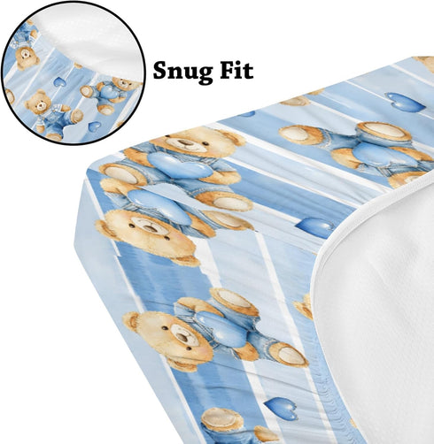 KuphiL10C Mattress-28x52 Cute Cartoon Bears Heats Stripes Pattern Baby Sheets for Crib, Unisex Bear Nursery Fitted Bed