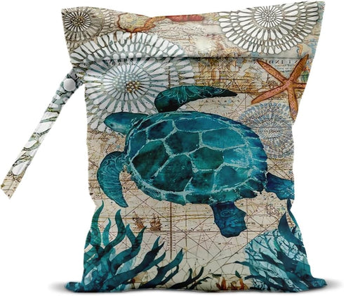 HZMLYDJ Turtle Wet Bags 12x10 Inch, Sea Weed Waterproof Travel Laundry Bags, Shell