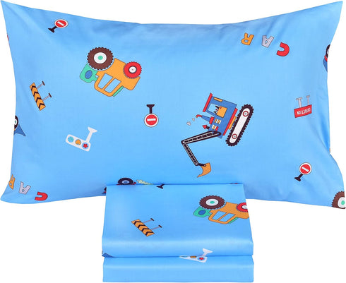 J-pinno 100% 3 Set Cozy Set Cars Vehicles Digger Cotton Pieces Cartoon Toddler Sheet for Kids Boys, Flat Sheet Fitted