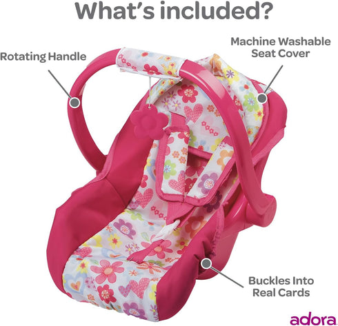 Adora Baby Doll Car Seat - Removable Seat Cover, Machine Washable, Fits Dolls & Plush Animals Up To 20” - Pink Flower