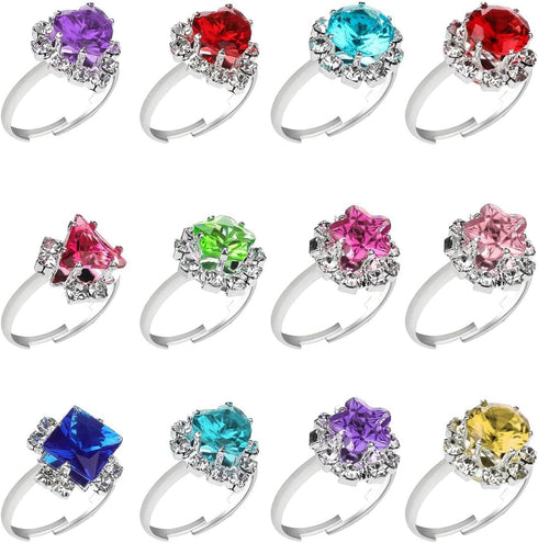 12 pcs Girls Crystal Adjustable Rings, Princess Jewelry with Heart Shape Box for Dress Up