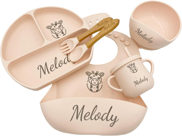 Personalized Name Food Grade 6pcs Baby Feeding Set with Spoon, Fork,Silicone Suction
