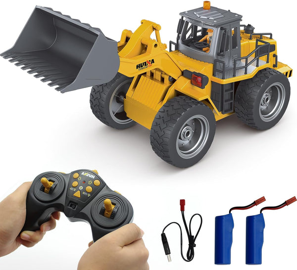 Fistone 9 Channel RC Front Loader, 4WD Alloy Shovel Loader Tractor, 2.4Ghz RC Bulldozer Toy with Lights for Kids 8-12