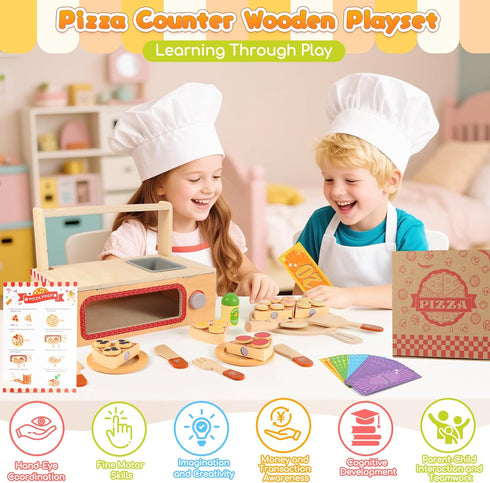 iLuckinSpri Set 68PCS Counter Playset 3+ Wooden Pizza Toy for Kids, Montessori Pretend Play Food Toys, Wooden Pizza