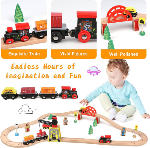 Set 39 5 3,4,5 Set Qilay Wooden Train for Toddler - Pcs Wood Train Tracks with Crane, Bridge & Wooden Trains - Train