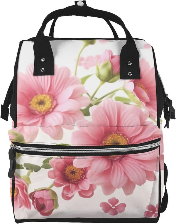 FHEDVBN Pink Flowers Diaper Bag Backpack for Women Multifunction Waterproof Mummy Backpacks for