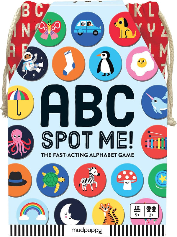 Mudpuppy ABC Spot Me Game – Fast Acting Alphabet Game, 60 Icon Tiles, 26 ABC Cards, Fabric Bag, Ages 5+, 2+ Players