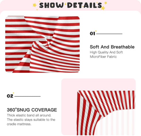 Jihqo 52" 28" Red White Stripes Crib Sheets for Boys Girls Soft Breathable Mini Crib Sheets for Baby x
