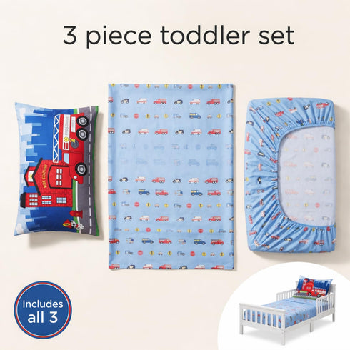 3-Piece Set Set EVERYDAY KIDS Toddler Fitted Sheet, Flat Sheet and Pillowcase - Police, Fire and Rescue - Soft