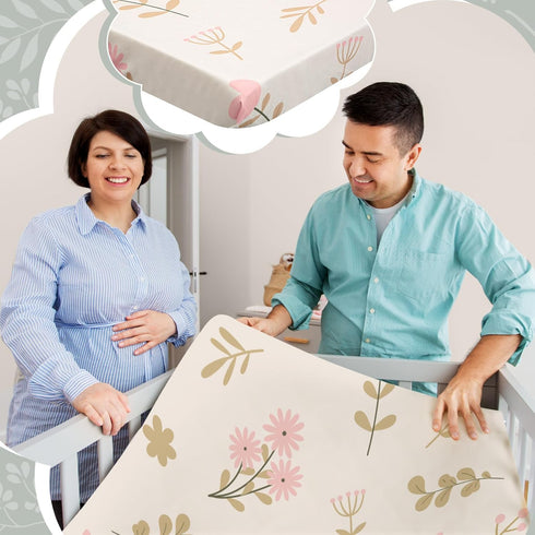 Hahafelt 4 Pack 52'' 28'' Boho Crib Sheets Pink Floral Green Leaf Designs Baby Fitted Crib Mattress Sheet for Girls x