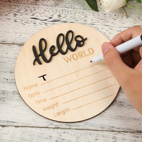 NQEUEPN 5.9 Inch Baby Announcement Sign, Wooden Hello World Newborn Welcome Sign Birth Baby Name Plaques for Photo