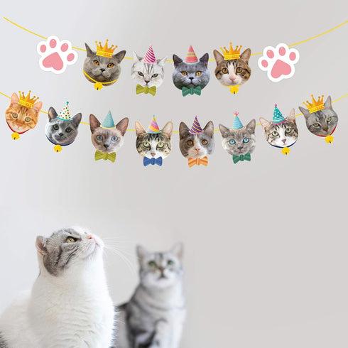 TSJ 14PCS Cat Birthday Banner, Kitty Cat Theme Party Bunting Decoration for Cat Party Favors