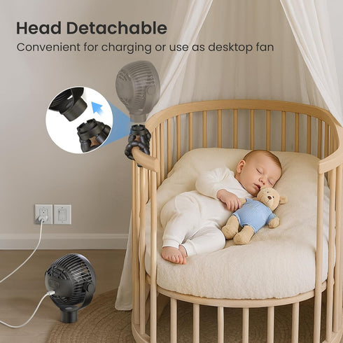 4000mAh 25H 360 4 Portable Stroller Fan, Rechargeable Clip on Baby Fan Battery Life, Head Detachable Rotate Mini Fans