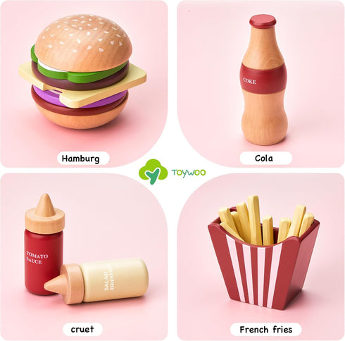 Wooden Play Food for Kids, Pretend Hamburger Set Fast Food Toy Kitchen Accessories for Boys Girls Educational Gift