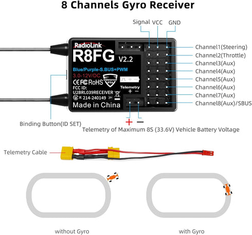 R8FG V2.2 8 2pcs, 2.4GHz 600m RC8X/RC6GS V3/RC4GS V3 Radiolink Channels Gyro Receiver Long Range Control Voltage