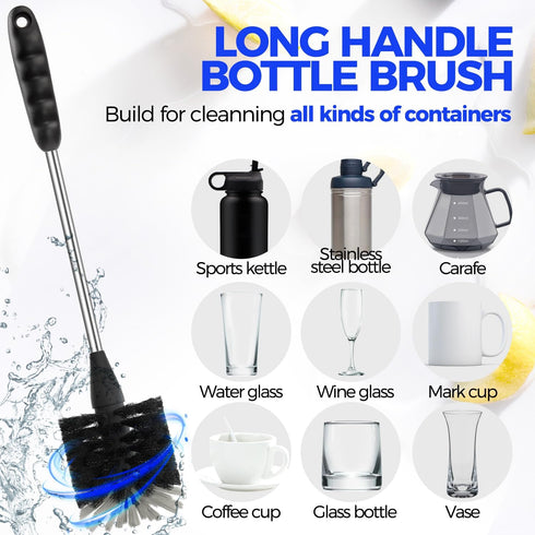 5-Piece Set 14" 3 Holikme Bottle Brush Cleaner - Stainless Steel Handle, Straw Brushes, Cleans Water Bottles, Cups