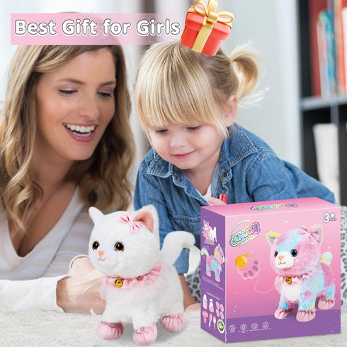 Jimate Interactive Electronic Plush Toy Walking and Barking Robot Cat Plush Cat Remote Control Kitten for Girls (White
