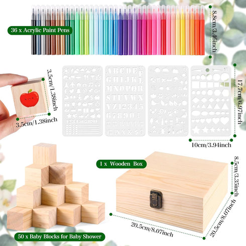 92 36 Draupnir Pcs Fun Baby Shower Games Sign Kit Babies Coloring Blocks for Baby Shower, Wooden DIY Blank Blocks