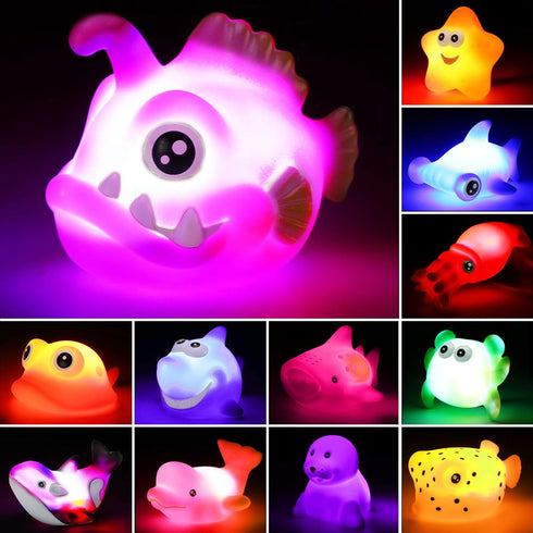 Bath Toys, 12 Pcs Light Up Ocean Sea Animal Set, Flashing LED Floating Bathtub Toys for Baby and Toddler