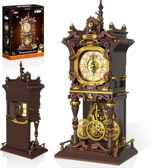 SHAREHB Vintage Swing Clock Building Blocks Set, Real Working Moving Pendulum & Rotating