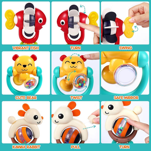 6-12 Set 3 6 7 9 12-18 2-in-1 Baby Toys Months Infant Toy of High Chair Suction Cup Rattle Teething Toys for Babies