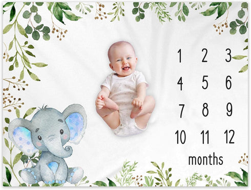Baby Monthly Milestone Blanket Elephant, Safari Baby Photo Blanket, Gift for New Moms, 50"x40"