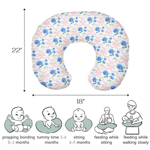 HawSkgFub Pink Bow Hydrangea Floral Nursing Pillow Cover for Baby Girls Shower Gift, Boho Blue Flowers Ribbon