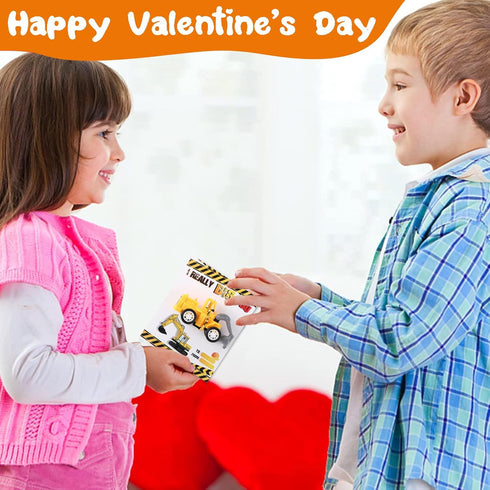 24 Set Roowest Valentine's Day Gifts for Kids Bulk Construction Vehicle Valentines Card Pull Back Construction Truck