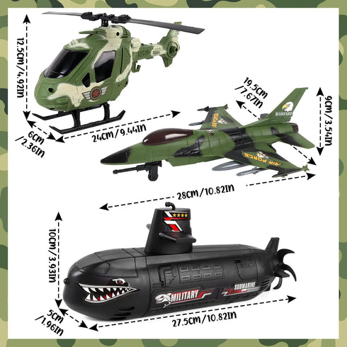 Playset 3-9 deAO Submarine Toy Army Men Action Figures with Military Vehicles - Helicopter, Boat, Aircraft for Boys Age