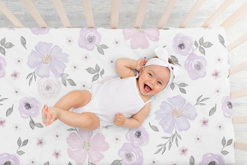 Sweet Jojo Designs Fitted Baby Crib Sheets (Purple/Grey Boho Floral) for Girls, Infant Nursery, Toddler Room - Standard