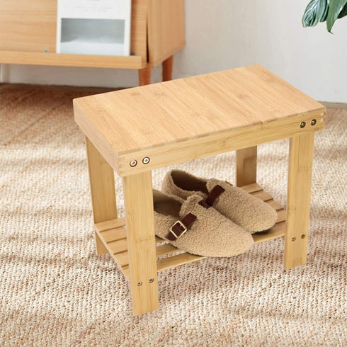 KKTONER Bamboo Step Stool with Storage Shower Bench with Shelf Foot Stool for Bathroom Living Room Bedroom Natural