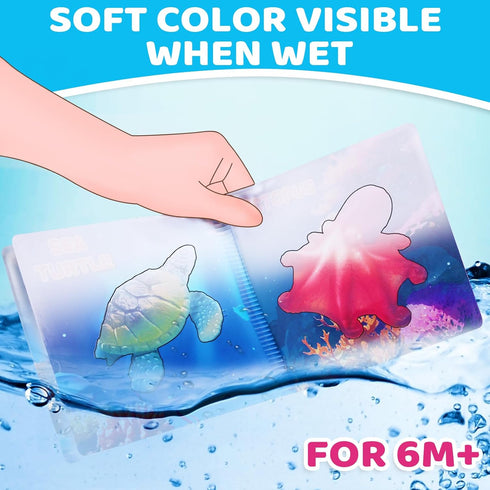 6 Pack Light Up Bath Toys & Magic Bath Book & Storage Bag for Toddler, No Hole Floating Ocean Animal with LED Flashing