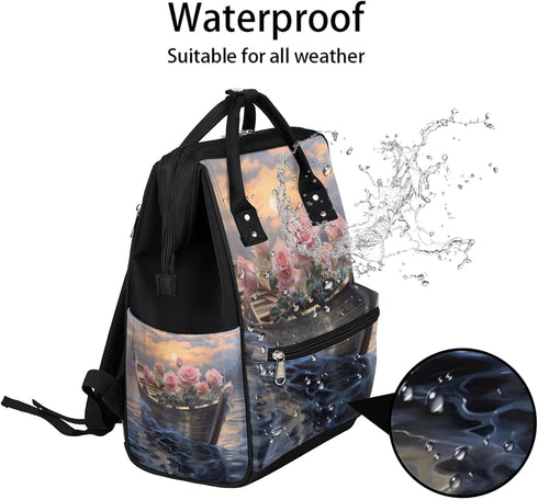 Hsnar Backpack Rose Flowers Boat Waterproof Diaper Bag Large Capacity Baby Bag with Stroller Straps, Multi-Pocket