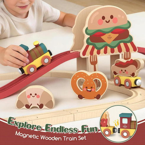 Set 2-4, Set 3-5 Lehoo Castle Wooden Train for Toddlers Burger Theme Train Track Compatible with Major Brands