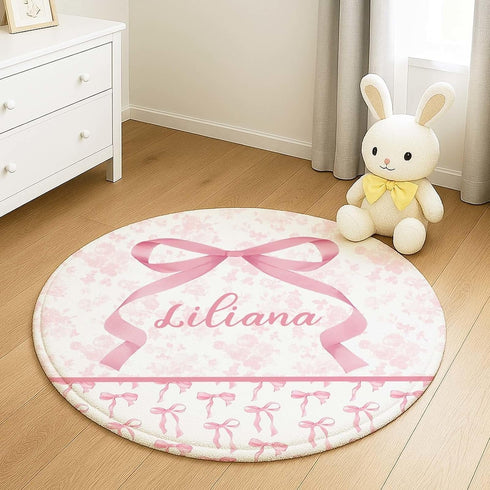 Naseagleeye Personalized Baby Rug with Name Custom Pink Bow Round Nursery Rug, Soft