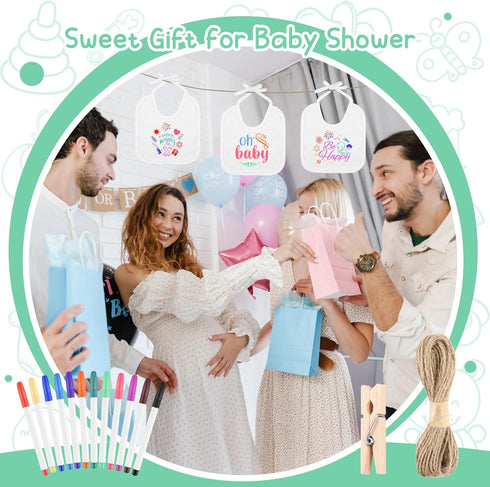 110 Set 24 12 24 50 1 Pcs DIY Baby Bibs Decorating Includes White Bibs, Fabric Markers, Stencils, Clothespins, Hemp