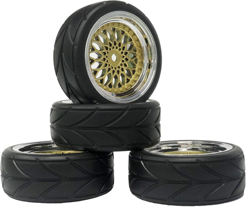 4PCS 64mm RC On Road Rubber Tires and Plastic Plating Wheel Rims Set for 1/10 RC Touring Racing Drift Car