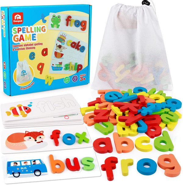 Coogam Read Spelling Learning Toy, Wooden Alphabet Flash Cards Matching Game for Preschool Educational Tool Set