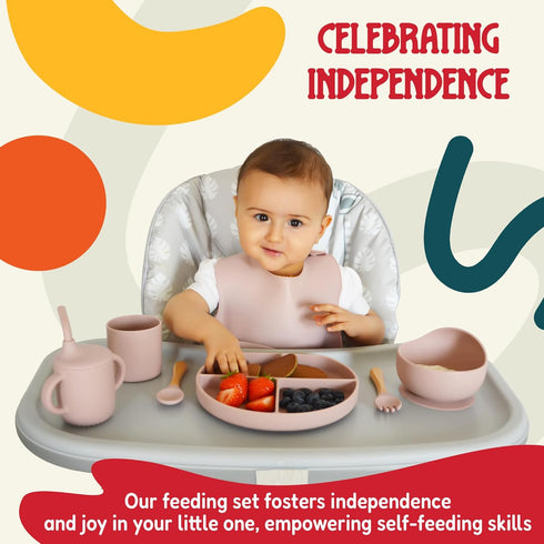 Set Set Tygo Silicone Baby Feeding Complete Self-Feeding with Suction Plate, Spill-Proof Bib, Wooden Spoon & Fork