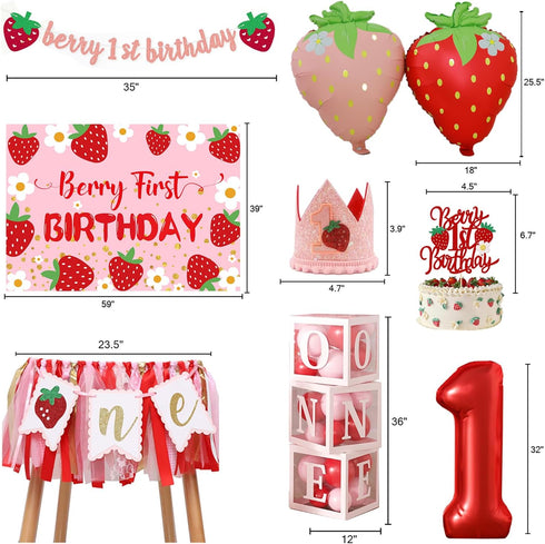 Gertaryo 1st Berry Baby Girl Birthday Decor, Strawberry First Birthday Decorations for Girls with Balloon Arch, Party