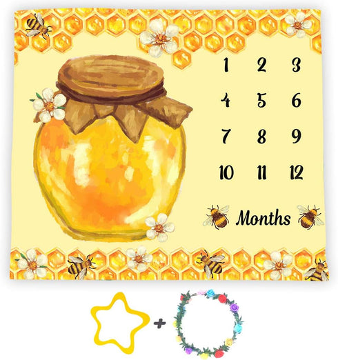 Bees Theme Baby Monthly Milestone Blanket, 48x40in, Soft Flannel, Baby Shower Age Growth Tracker