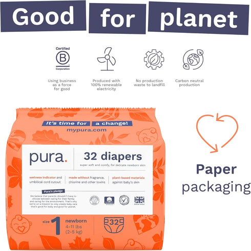 1 (4-11 lbs), 1 Pack 32 Pura Hypoallergenic Diapers, Size Newborn, Totally Chlorine Free, Wetness Indicator, Suitable