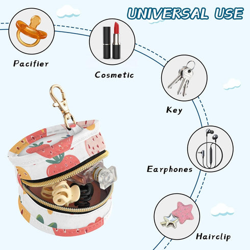 PYBUG Strawberry Round Pacifier Storage Case, Polyester & TPU Lined with Hook Buckle, Pacifier Container Box for Baby