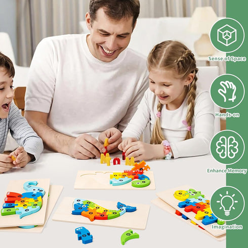 6 Pack Wooden Animal Toddler Puzzles for Kids Ages 3-5, Montessori Learning Jigsaw Toys for 2-6 Years