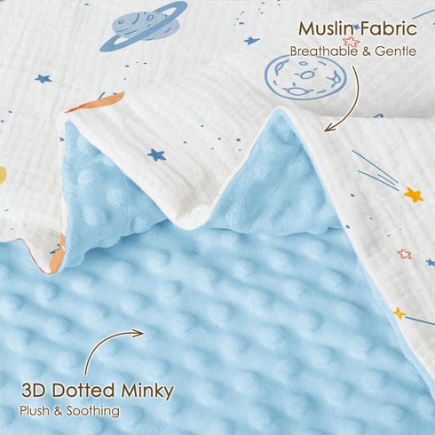 30x40 inches, Outer Space Baby Blankets for Boys, Soft Nursery Minky Blankets with Muslin and Dotted Fleece Back
